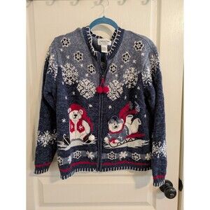 Vintage Christmas Knitted Cardigan Zip Up Sweater Carly St. Claire Size Large
